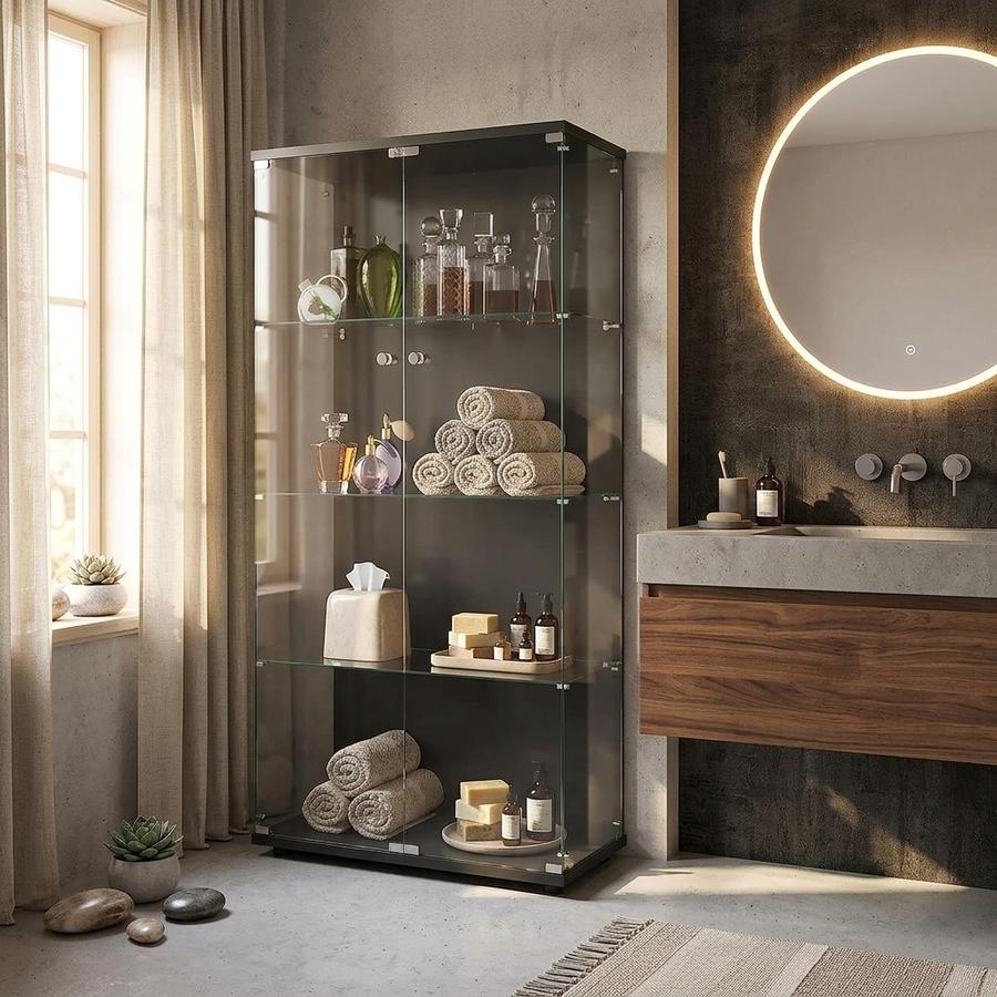 APRILSOUL Glass Display Cabinet 4-Shelf with Double Door